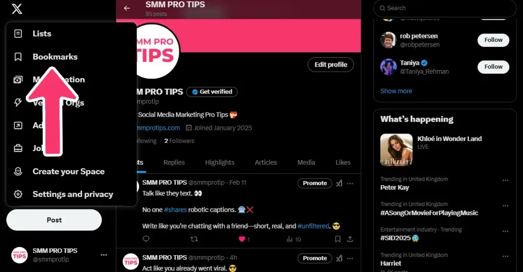 access bookmarks on twitter in desktop